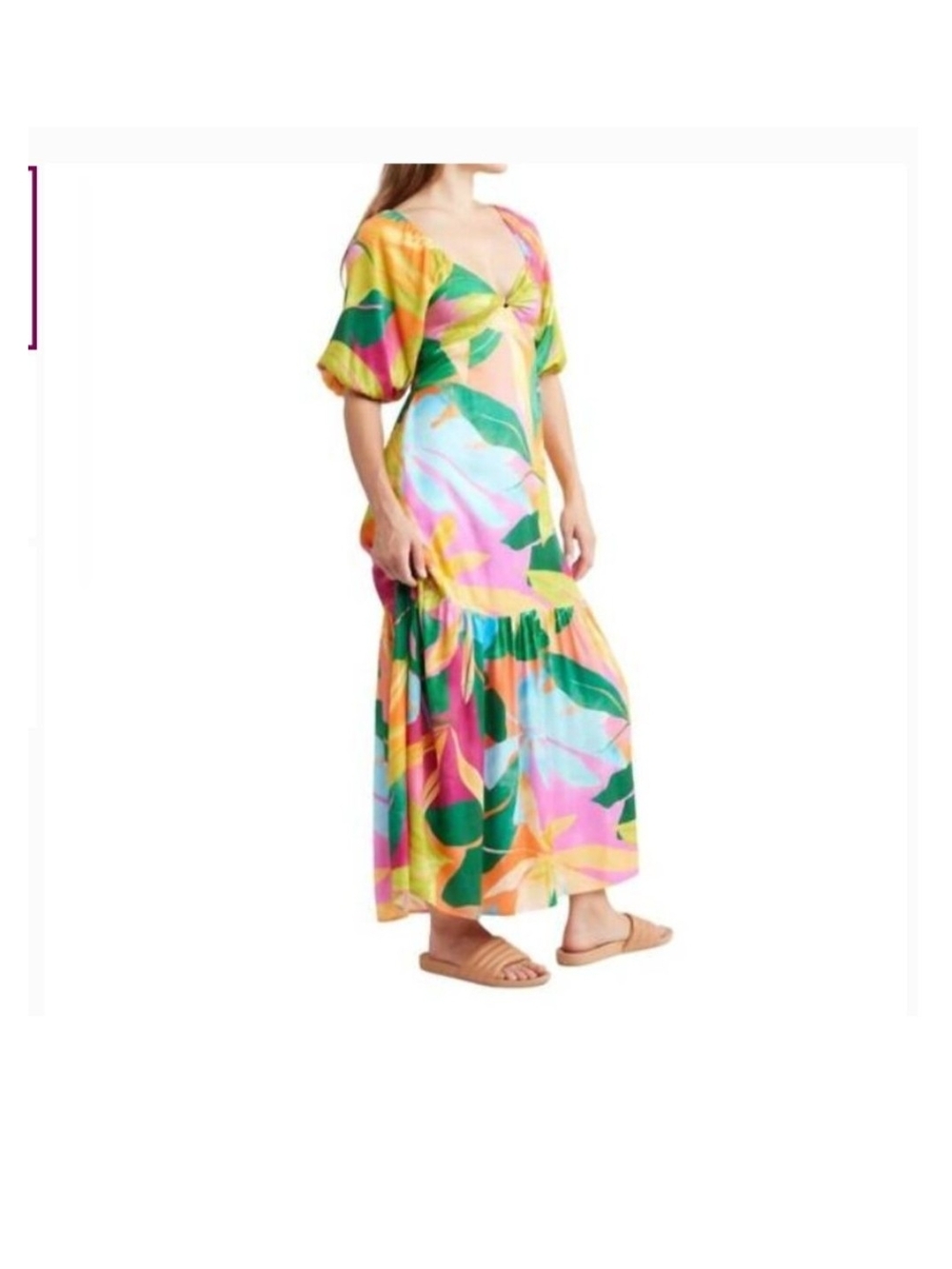 Vibrant Tropical Leaf Maxi Dress - Pink & Green